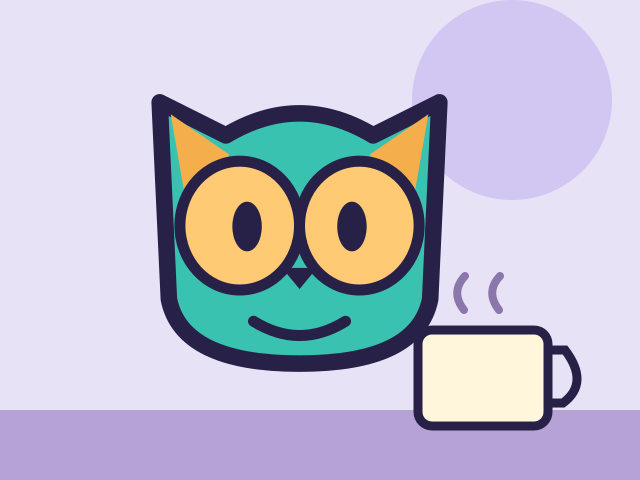 A turquoise owl beside a coffee cup
