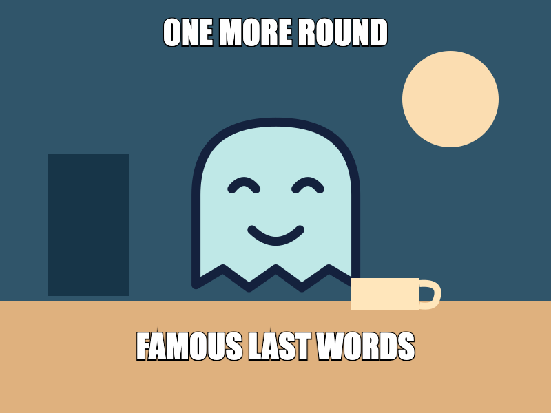 Classic setup and punchline on an illustration of a smiling ghost with a coffee cup
