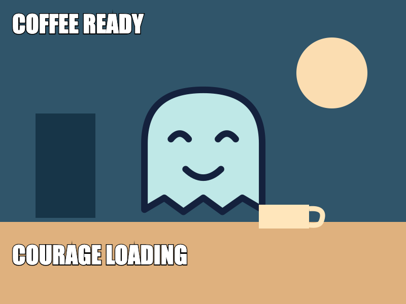 Left-aligned commentary on an illustration of a smiling ghost with a coffee cup