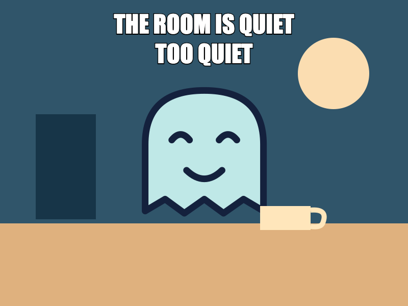 Two-line setup on an illustration of a smiling ghost with a coffee cup