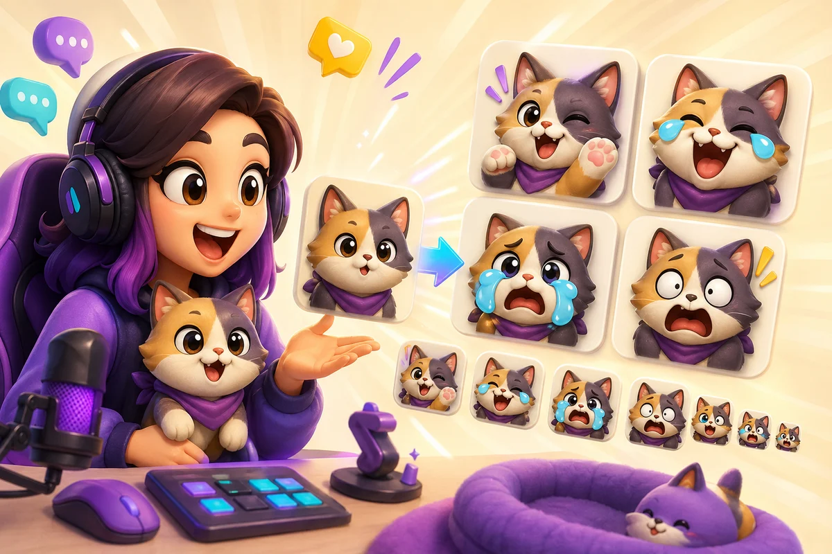AI Twitch emote pack workflow illustration