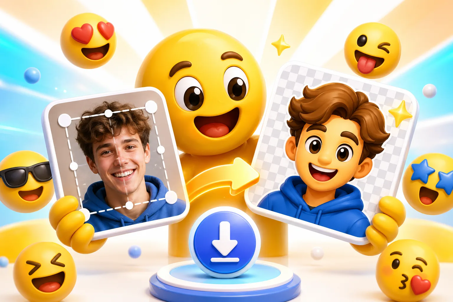 Custom emoji maker guide showing a source image becoming an emoji