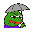Pepe under an umbrella getting hit by lightning in a loop