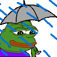 Pepe holding an umbrella in the rain