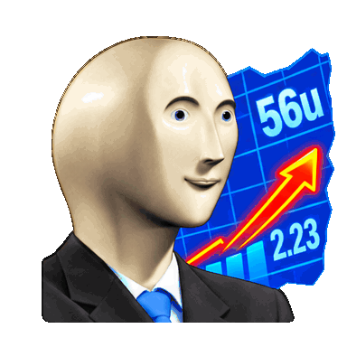 Stonks man laughing as the arrow rises and the numbers move